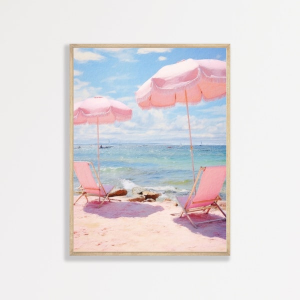 Pastel Beach Painting | Retro Pink Coastal Wall Art | Vintage Beachy Landscape Print | P #237