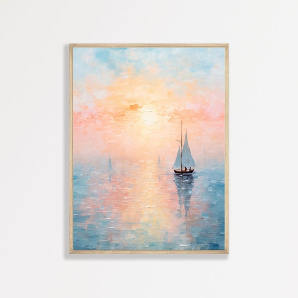 Pintura al atardecer en velero / Paisaje marino de verano pastel vintage / Arte minimalista moderno de la pared costera / Arte ecléctico de moda náutica / P #568