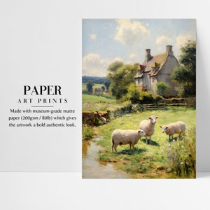 a painting of sheep in a field with a house in the background