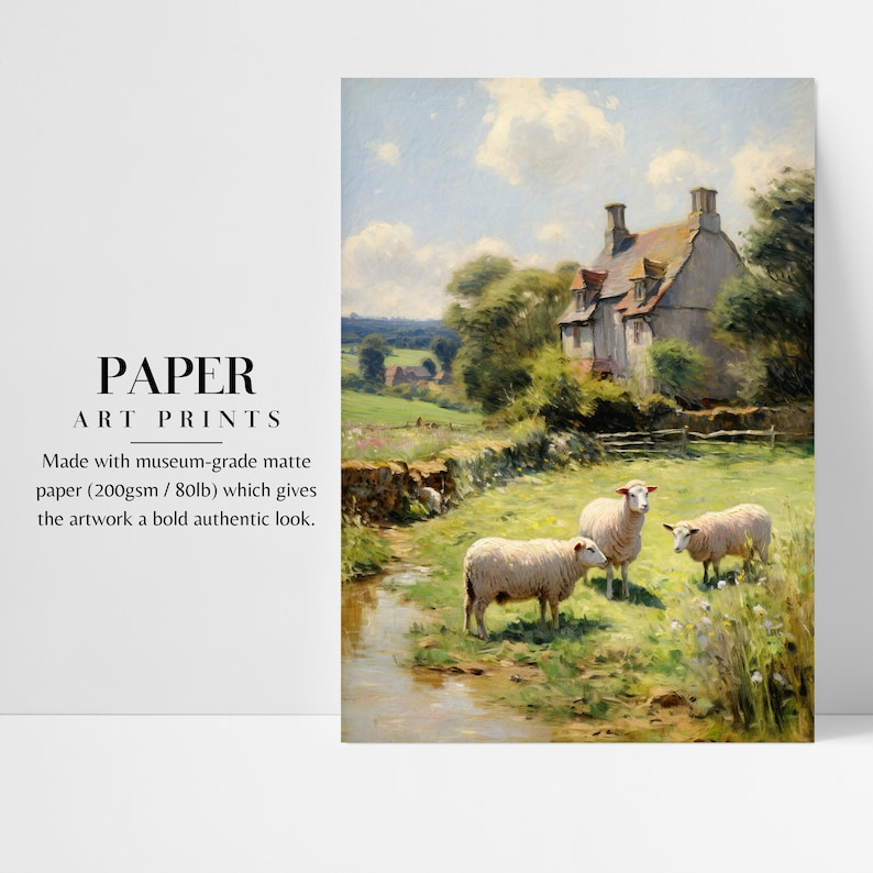 a painting of sheep in a field with a house in the background