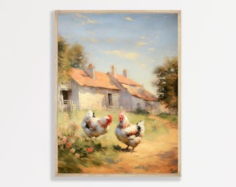 May include: A framed wall art print depicting a rural landscape with two chickens in the foreground. The scene features a white farmhouse with a reddish-brown roof, green trees, and a dirt path under a soft blue sky with light clouds.