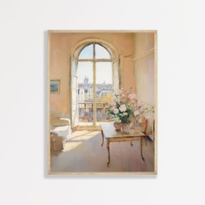 Muted Paris Interior Print | Retro Still Life Oil Painting | Aesthetic Vintage Home Decor | Minimal Wall Art | P #095