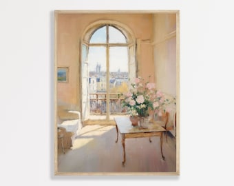 Muted Paris Interior Print Vintage Oil Painting Pastel Tones