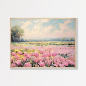 Tableau de champ de tulipes : Paysage rose rétro, art mural vintage