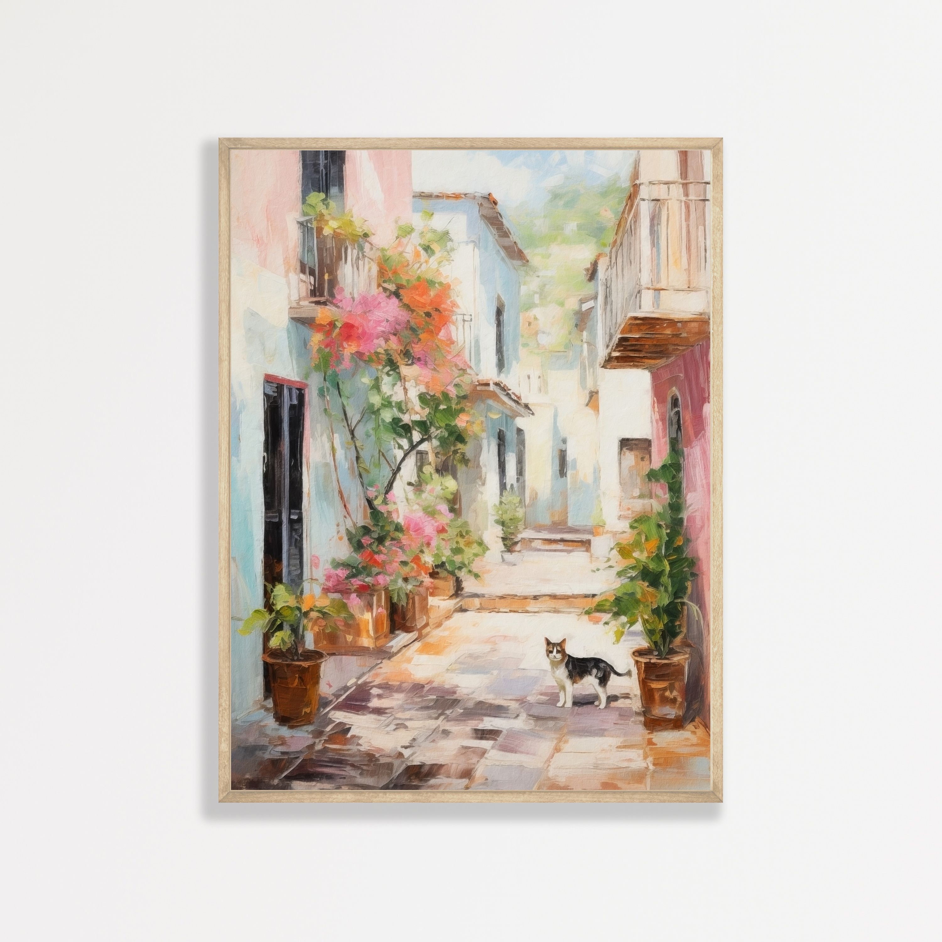 Cat Alleyway Painting | Retro Pastel European Wall Art | Vintage Apartment Home Decor | P #293