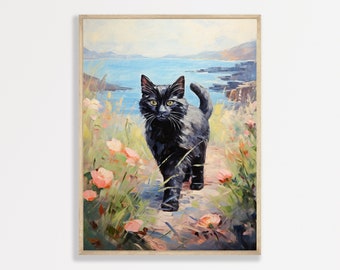 Coastal Black Cat Painting Retro Floral Wall Art Print