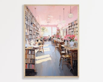 Retro Bookstore Painting | Retro Pink Wall Art | Minimal Vintage Decor | Vintage Antique Poster | P #367