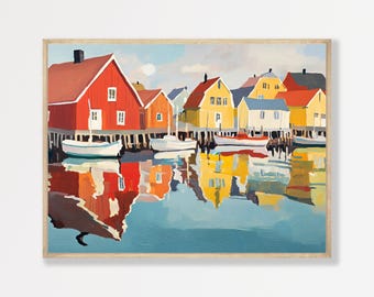 Norway Harbor Painting Print: Vintage Scandinavian Landscape