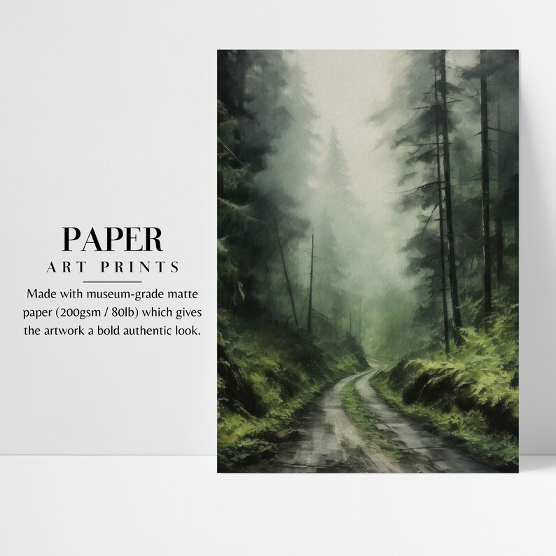 Moody Nature Landscape Painting: Dark Foggy Forest Wall Art image 4