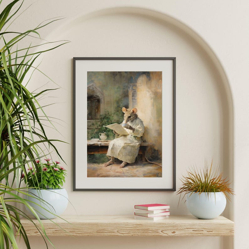 Reading Mouse Painting Retro Wall Art Kids Room Decor image 3