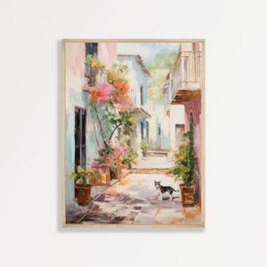 Retro Cat Alleyway Painting: Pastel European Street Scene