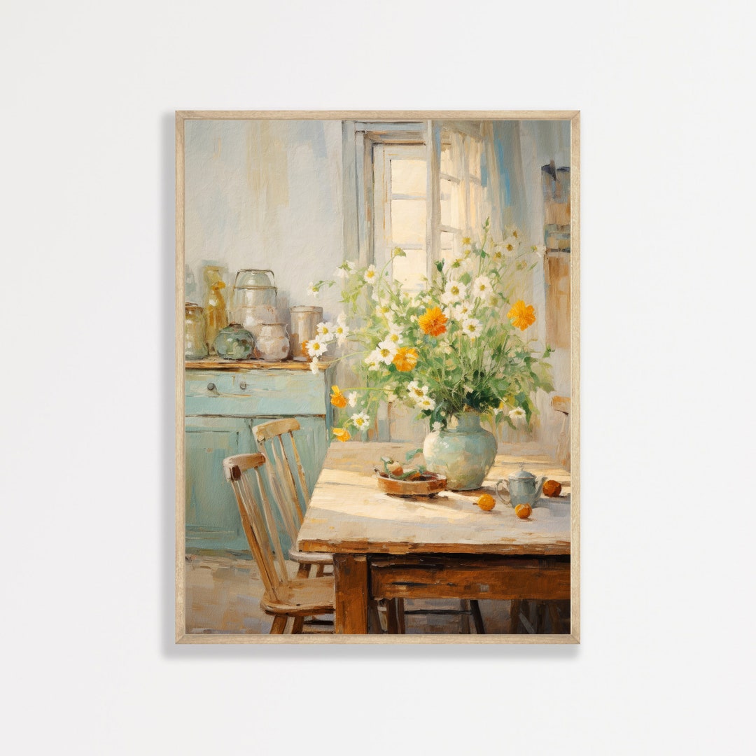 Rustic Kitchen Wall Art | Vintage Still Life Interior Painting | Retro ...