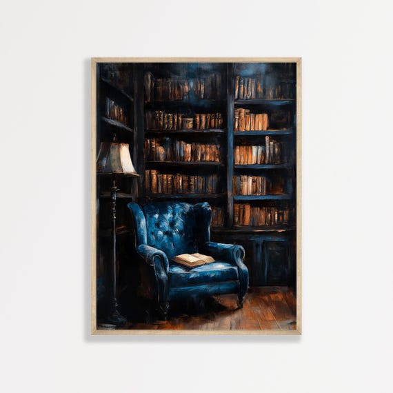 Dark Academia Library Painting, Vintage Bookish Wall Art