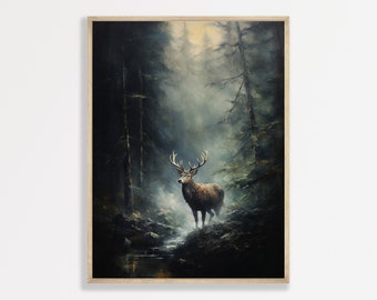 Vintage Deer Painting: Moody Dark Academia Forest Wall Art