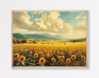 Sunflower Field Wall Art: Vintage Farmhouse Style - Rustic Bedroom Decor