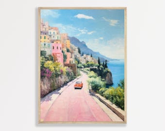 May include: A painting of a coastal landscape featuring a winding pink road leading toward a cluster of colorful buildings perched on a cliffside. A small orange car travels along the road, with blue ocean waters and a clear sky in the background.