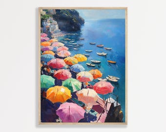Amalfi Coast Beach Scene Print: Retro Coastal Landscape