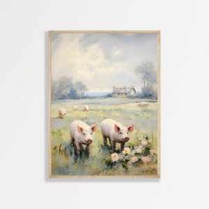 Countryside Pigs Print | Retro Country Farmhouse Wall Art | Vintage Aesthetic Bedroom Home Decor | P #150