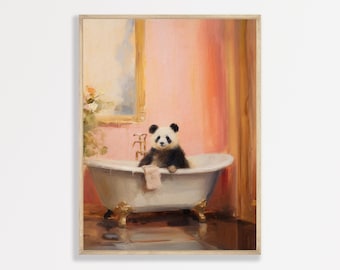 Bathroom Wall Art: Retro Panda Illustration - Vintage Nursery Decor