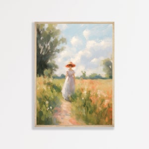 Countryside Woman Painting | Retro Aesthetic Wall Art | Country Landscape Painting | Minimal Bedroom Bathroom Apartment Decor | P #182