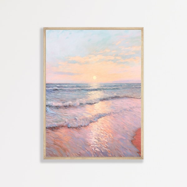 Pastel Beach Painting | Retro Pink Girly Wall Art | Vintage Coastal Seascape Print | Eclectic Maximalist Bedroom Apartment Artwork | P #192