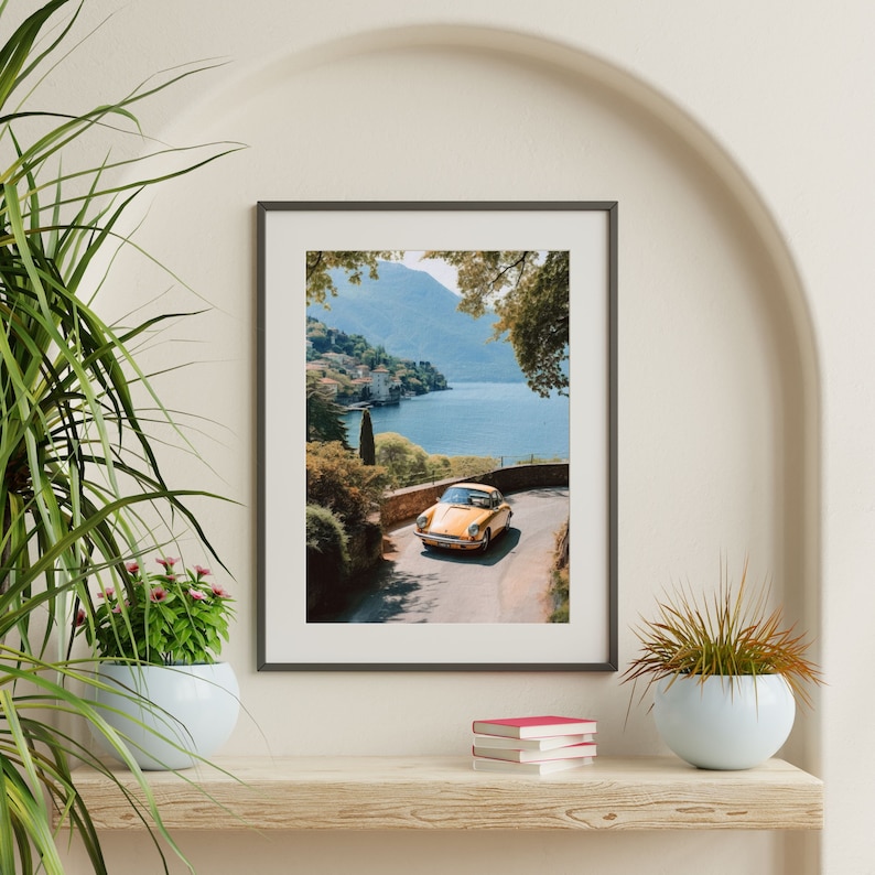 a painting of a car driving down a road