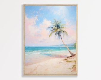 May include: An oil painting on canvas depicting a tropical beach scene with a single leaning palm tree on the sand. The composition features a light blue sky with soft pink clouds, turquoise ocean waves, and a pale sandy shore in a vertical format.