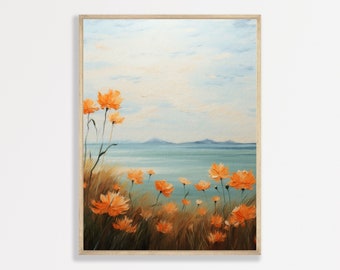 Retro Orange Flower Print, Minimal Vintage Wall Art