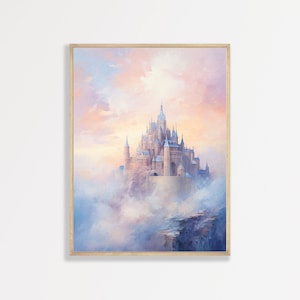 Pastel Castle Painting | Retro Girly Nursery Kids Room Decor | Minimalist Trendy Vintage Wall Art | Eclectic Boho Print | P #448