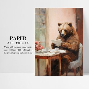 a painting of a bear sitting at a table reading a paper