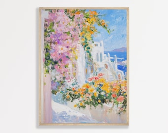 Greek Islands Painting: Retro Flowers Wall Art