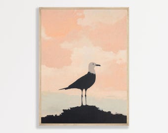 Seagull Beach Wall Art: Minimalist Coastal Print