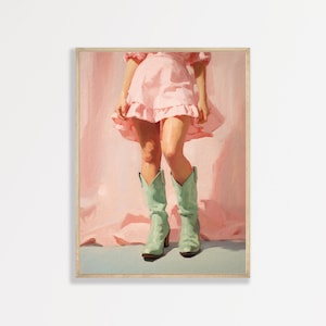 Cowgirl Boots Print | Retro Sage Green Western Wall Art | Minimal Pink Preppy Room Decor | Aesthetic Country Poster | P #403
