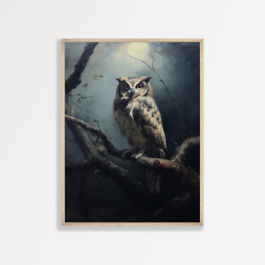 Dark Owl Painting, Moody Nature Wall Art, Night Moon Landscape - Etsy