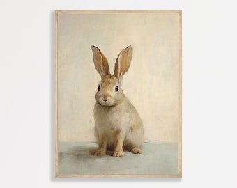 Retro Bunny Print | Vintage Rabbit Painting | Kids Room Nursery Aesthetic | Boy Bedroom Decor | P #019