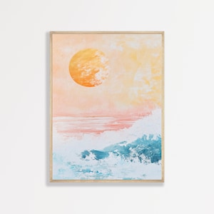 Sun and Waves Painting | Retro Abstract Coastal Landscape Print | Minimalist Boho Eclectic Wall Art | Bedroom Office Apartment Decor | #1042
