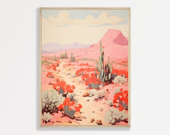 May include: A painting of a desert landscape with a pink sky, mountains, and a dirt path leading through the center. The path is lined with cacti and red flowers.