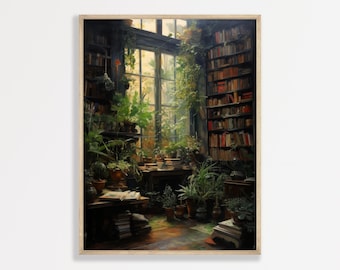 Dark Academia Wall Art, Vintage Library Scene, Moody Cottagecore
