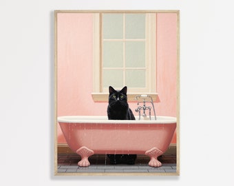 Cat Bathroom Print | Retro Bathroom Wall Art | Minimalist Cat Painting | Cute Trendy Home Decor | P #722