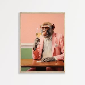 Monkey Cocktail Print | Cute Funny Animal Painting | Aesthetic Bar Cart Home Decor | P #288