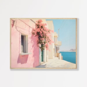 Pastel Pink Coastal Town Print, Retro European Style