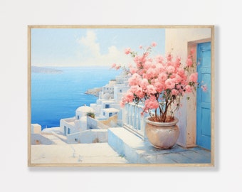 Santorini Art Print: Vintage Greece Scene, Pastel Coastal Colors