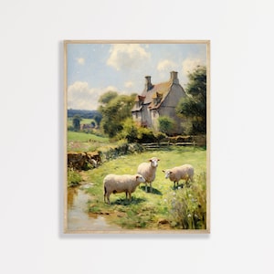 a painting of sheep in a field with a house in the background