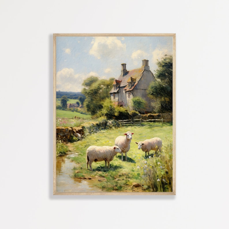 a painting of sheep in a field with a house in the background