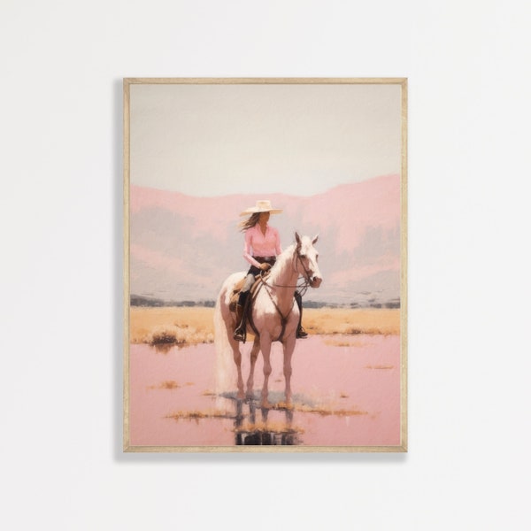 Pink Cowgirl Print | Retro Pastel Vintage Painting | Preppy Muted Girly Bedroom Decor | Aesthetic Western Art | P #071