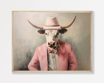 Retro Bull Painting: Pink Pastel Western Wall Art
