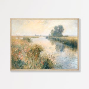 Muted Countryside Painting | Retro Farmhouse Minimal Wall Art | Rustic Mid Century Decor | Vintage Country Art Print | P #508