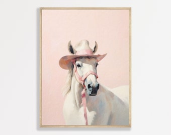 Retro Horse Print | Western Cowgirl Wall Art | Cute Pastel Pink Painting | P #005