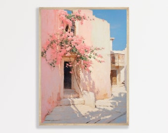 Pink Flowers Print | Retro European Oil Painting | Girly Pink Bedroom Apartment Decor | Aesthetic Room Wall Art | P #114