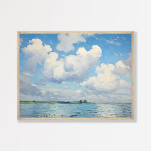 Seascape Painting | Retro Cloud Study Wall Art | Coastal Pastel Blue Home Decor | Minimalist Artwork | P #326